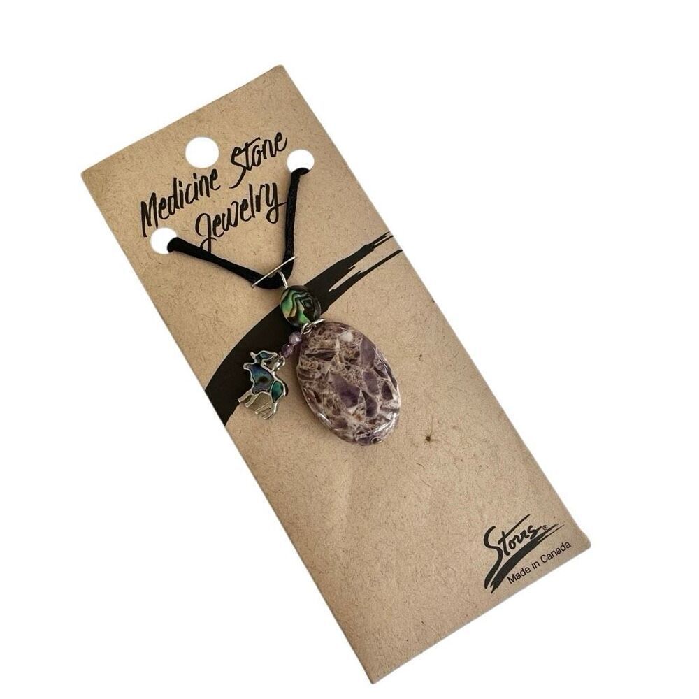 Medicine Stone Jewelry Amethyst Pendant Necklace w/ Abalone Accent & moose  Char